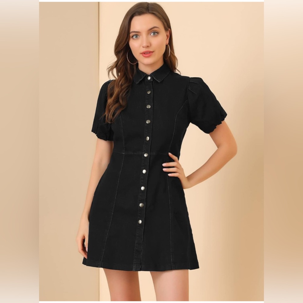 Denim Black Button-Up Dress, Jean Jacket Mini Dress, puff sleeves, Size: S, NWT